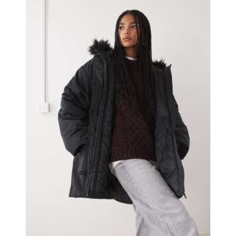 Weekday oversized parka coat with detachable faux fur detail in black