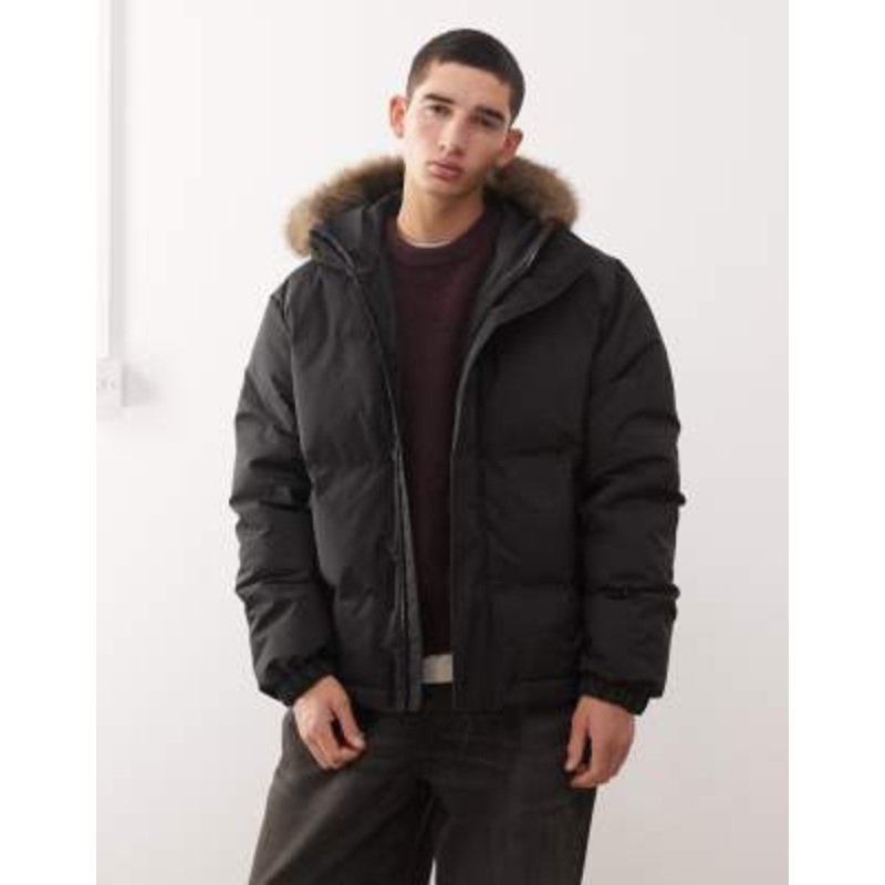 Weekday puffer coat with faux fur lined hood in black