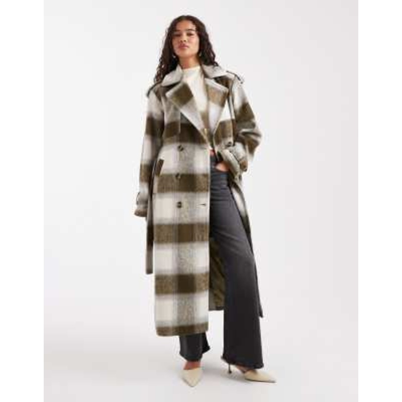 4th & Reckless exclusive wool feel longline belted trench coat in green & cream check