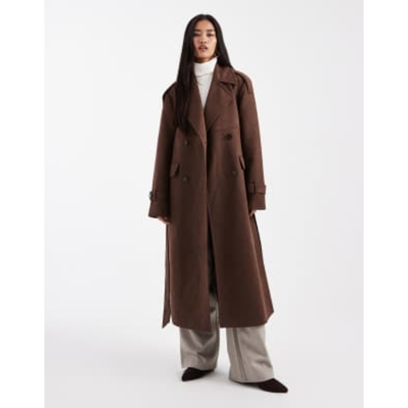 4th & Reckless faux suede double breasted belted midi trench coat in brown