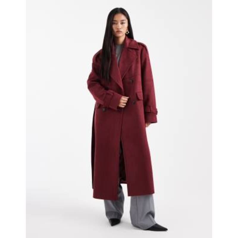 4th & Reckless faux suede double breasted belted midi trench coat in burgundy