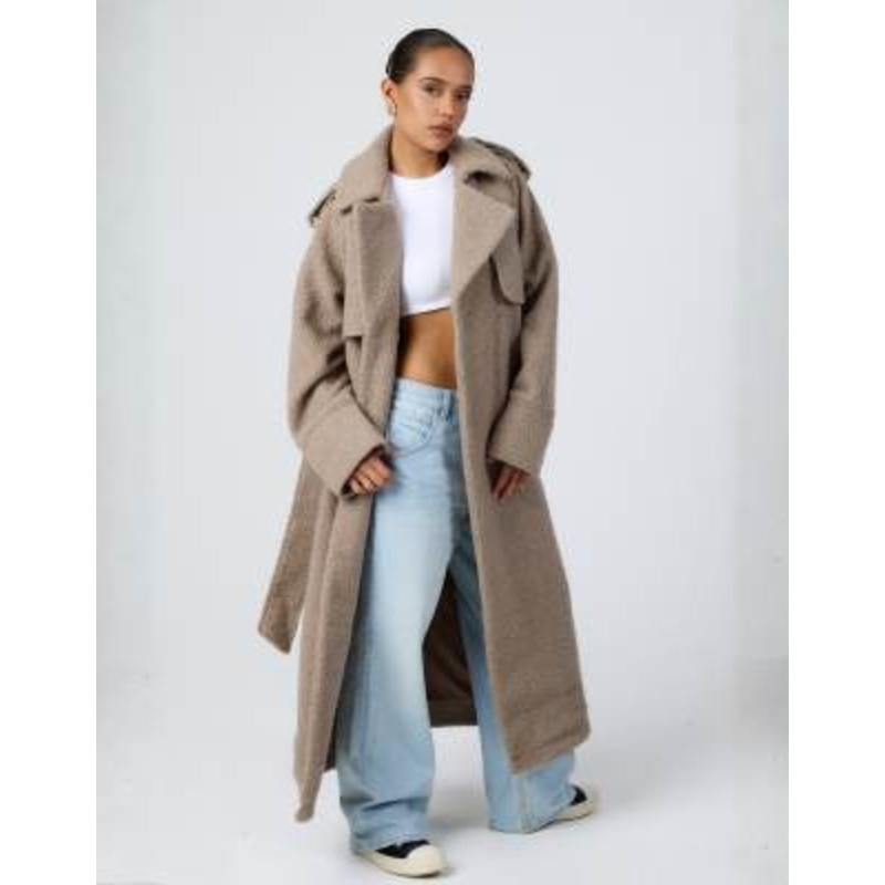 Aria Cove boucle oversized collar detail belted longline trench coat in mocha