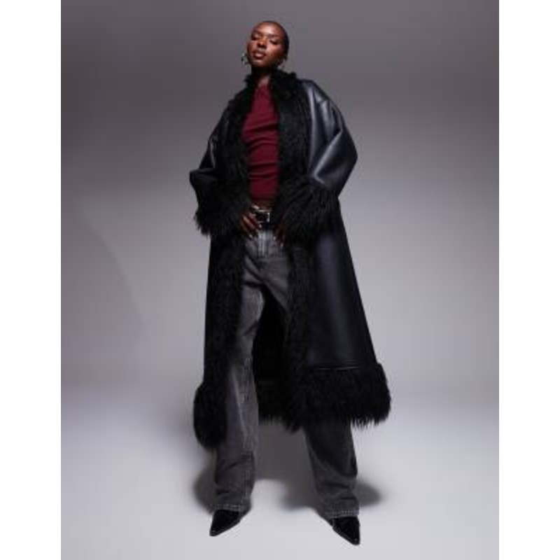 Aria Cove shaggy faux fur trim leather look maxi coat in black
