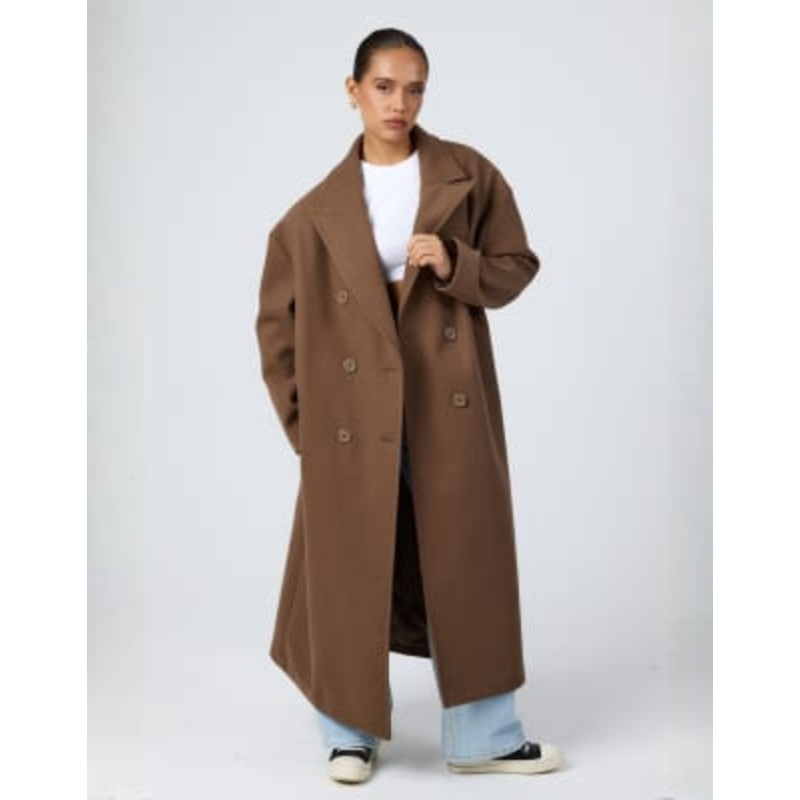 Aria Cove wool look formal double breasted longline maxi coat in brown