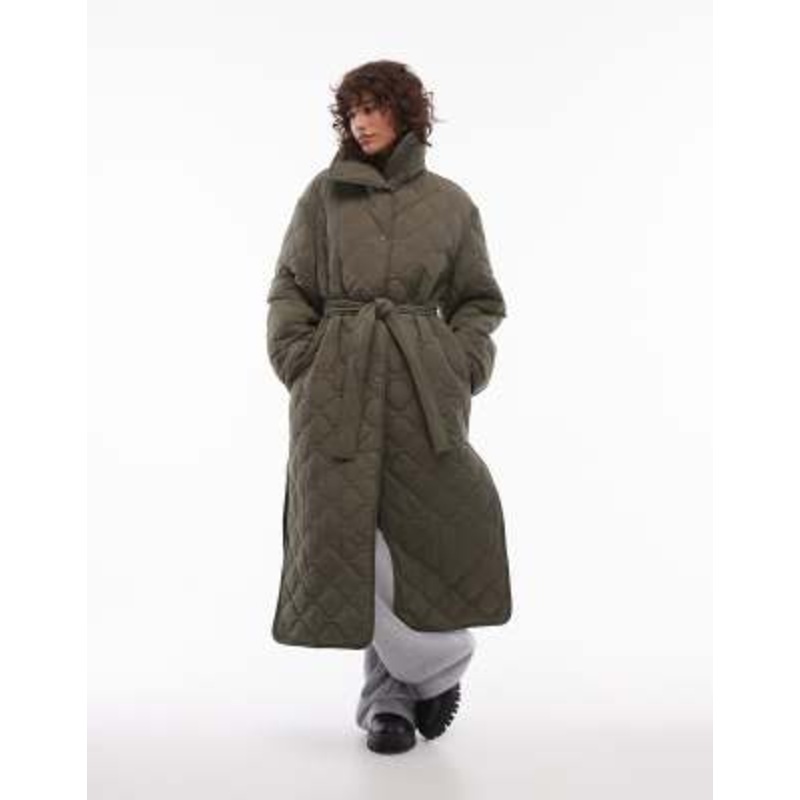 ARKET down quilted oversized midaxi coat with high neck and slit sides in khaki