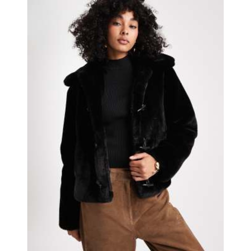 Brave Soul faux fur short duffle coat with toggle detail in black