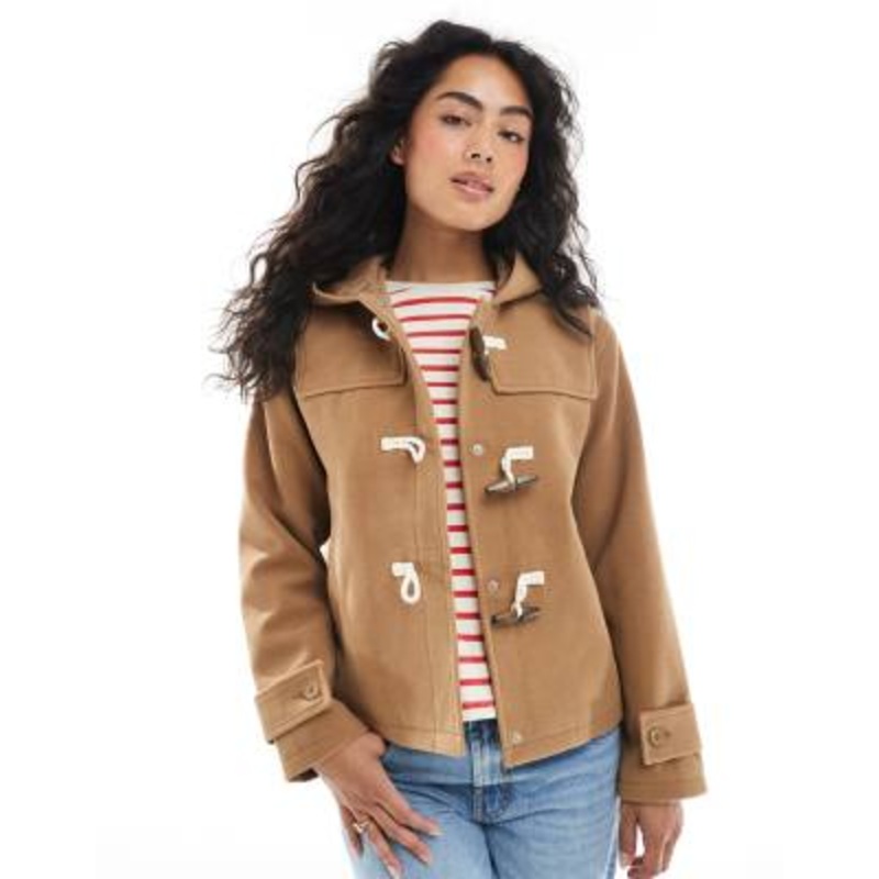 Brave Soul hooded faux wool duffle coat with toggle front in camel