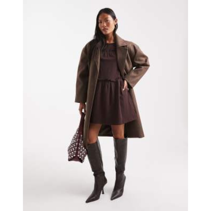 Brave Soul Petite faux wool longline belted overcoat in brown