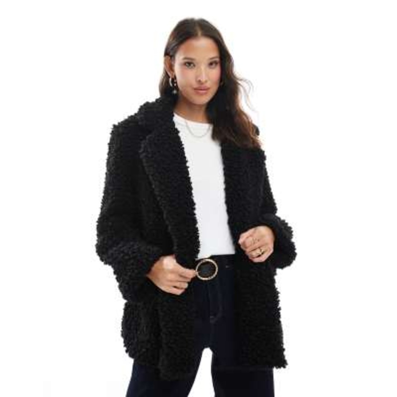 Brave Soul shaggy faux fur double breasted short coat in black