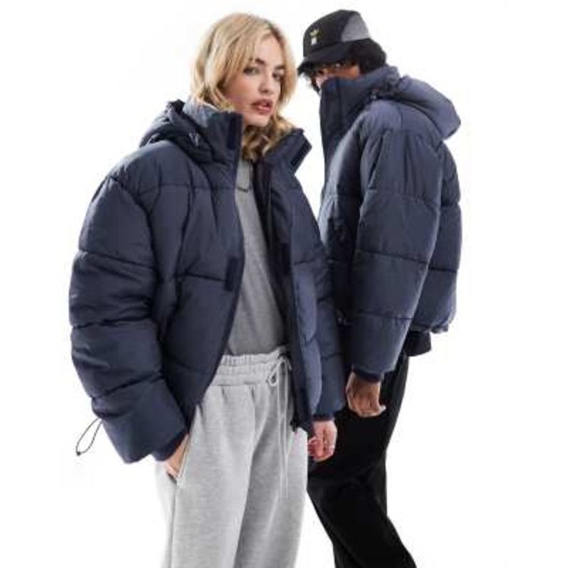 COLLUSION Unisex hooded puffer coat in dark gray