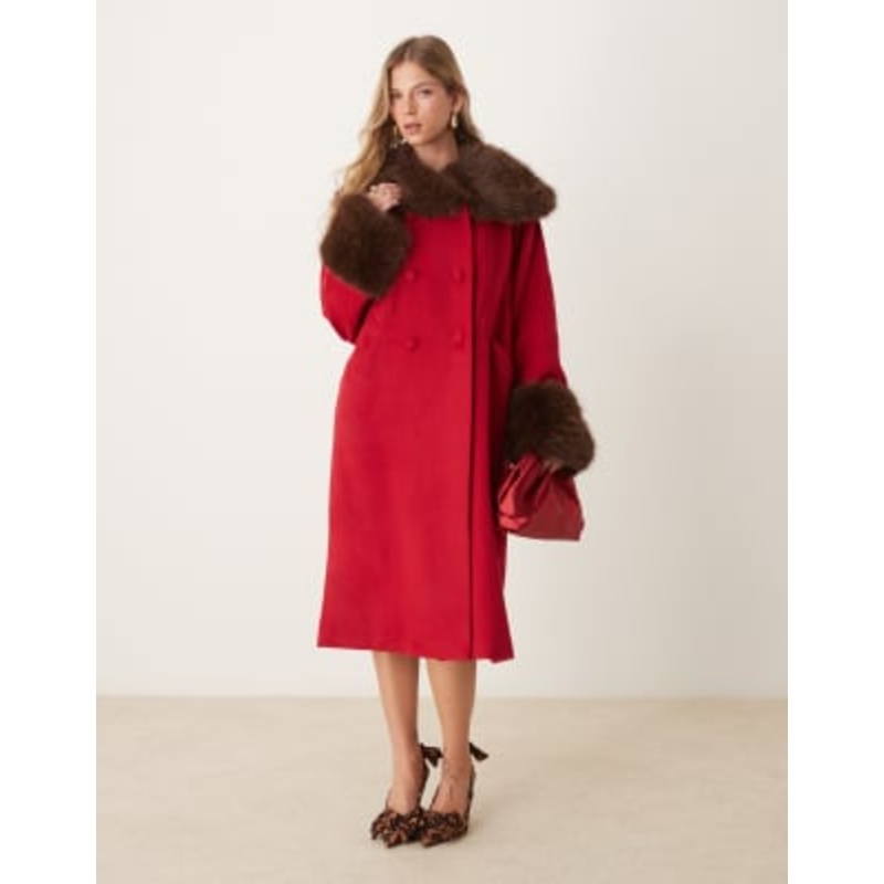 Dream Sister Jane double breasted faux fur coat in bordeaux red