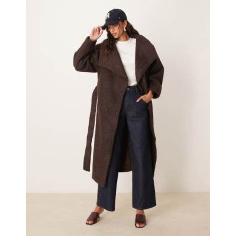 Gina Tricot belted wrap midi coat with funnel neck in brown