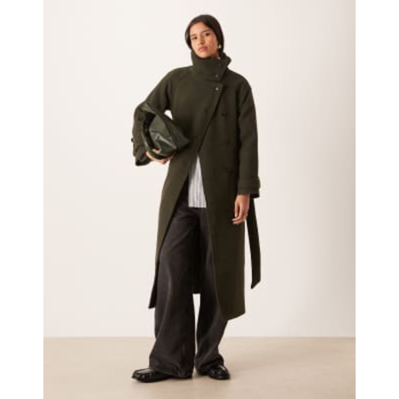 Gina Tricot wool belted midaxi coat with funnel neck detail in dark green