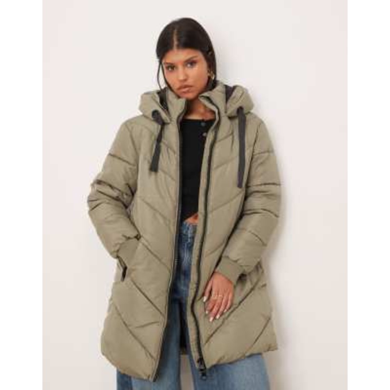 JDY chevron hooded padded coat in khaki