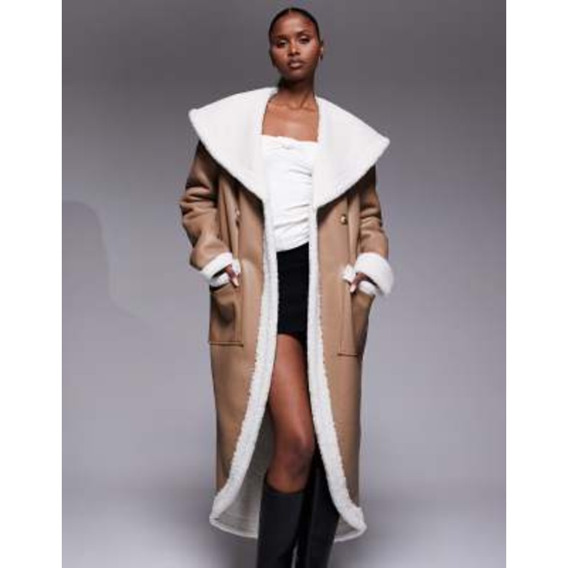 JLUXLABEL Jaida reversible oversized collar teddy coat in beige and white