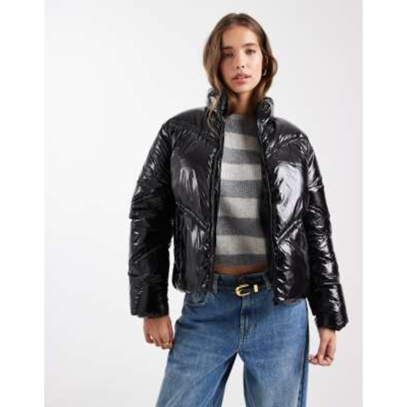 Mango Teen high shine puffer coat in black