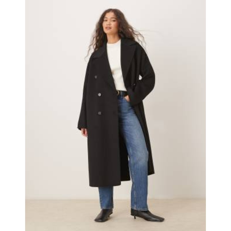Mango wool mix double breasted midi coat in black