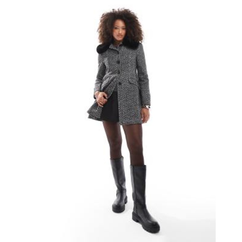 Miss Selfridge boucle faux fur trim dolly coat in mono