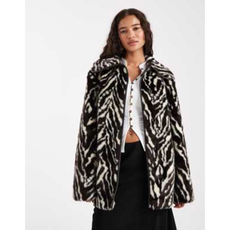 Miss Selfridge faux fur belted mid length coat in zebra
