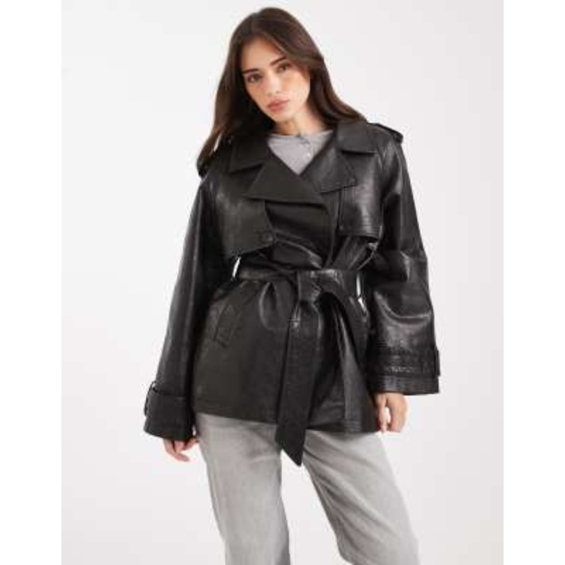 Miss Selfridge faux leather mid length trench coat in black