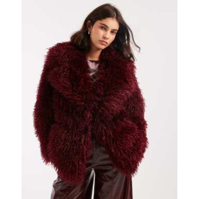Miss Selfridge mongolian faux fur oversized coat in plum