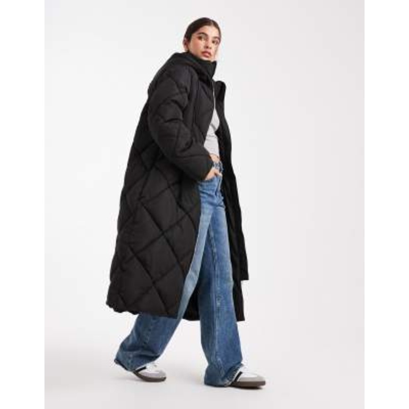 Miss Selfridge quilted hooded maxi puffer coat in black