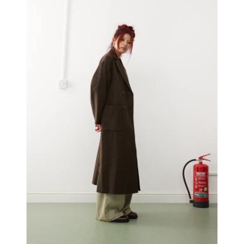 Monki belted double breasted coat in brown melange