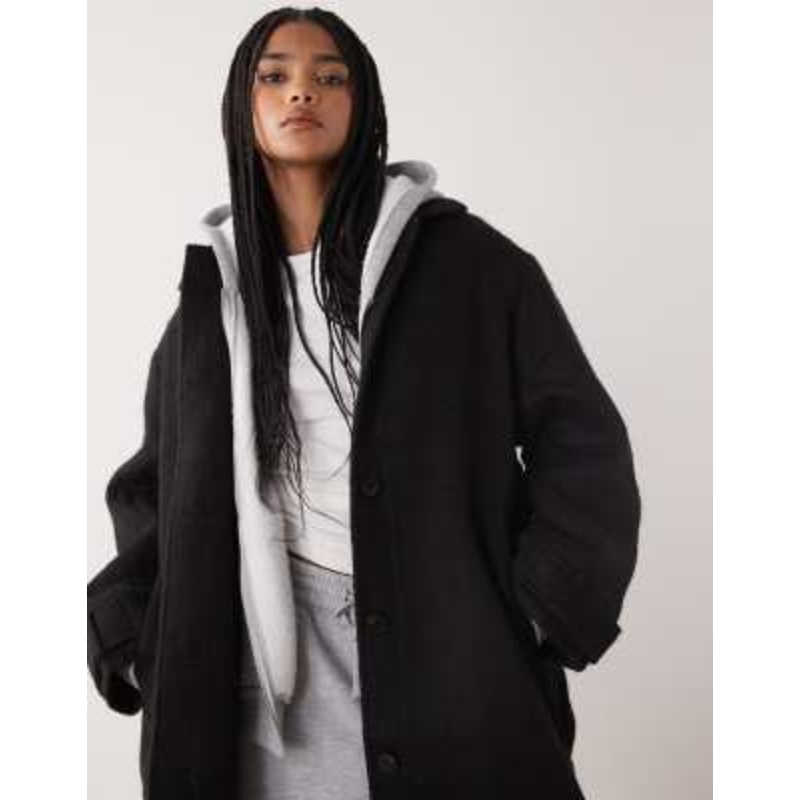 Monki longline coat with wool in black