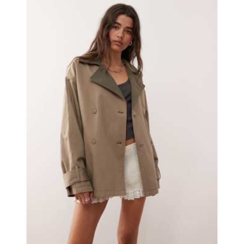 Monki reversible short trench coat with contrast brown collar in tan