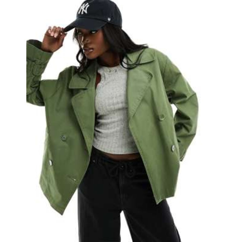 Monki short trench coat in khaki green