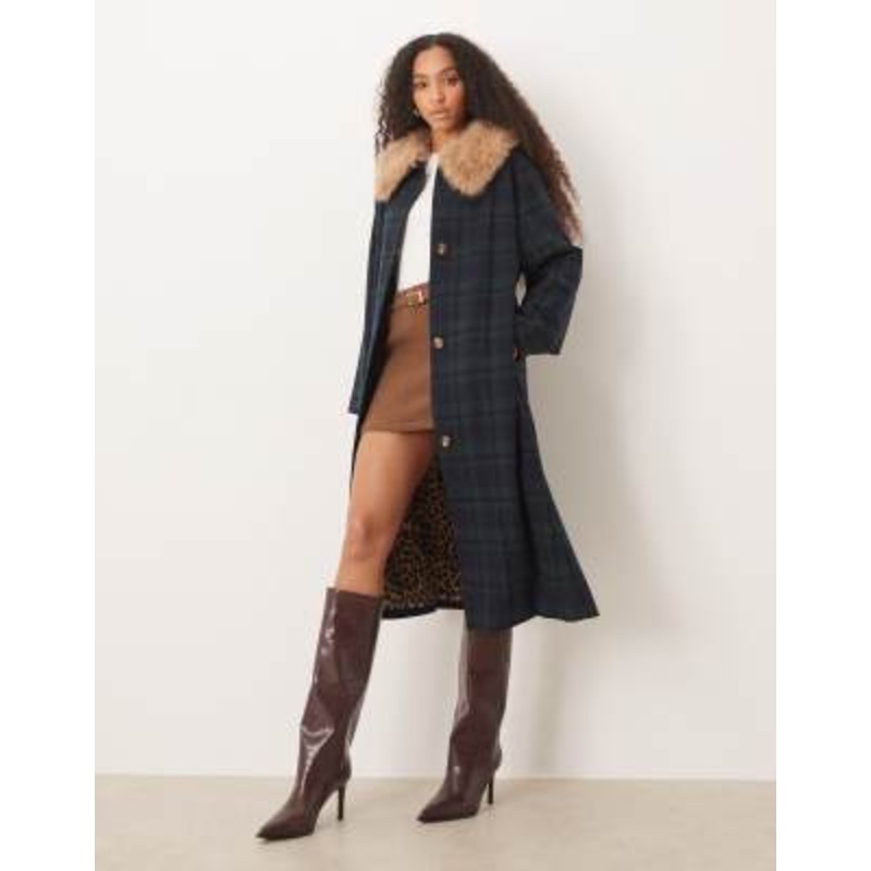 Never Fully Dressed faux fur longline coat in blue and green plaid