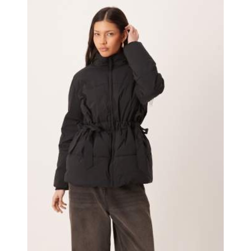 Nobody’s Child high neck puffer coat with bow tie side in black