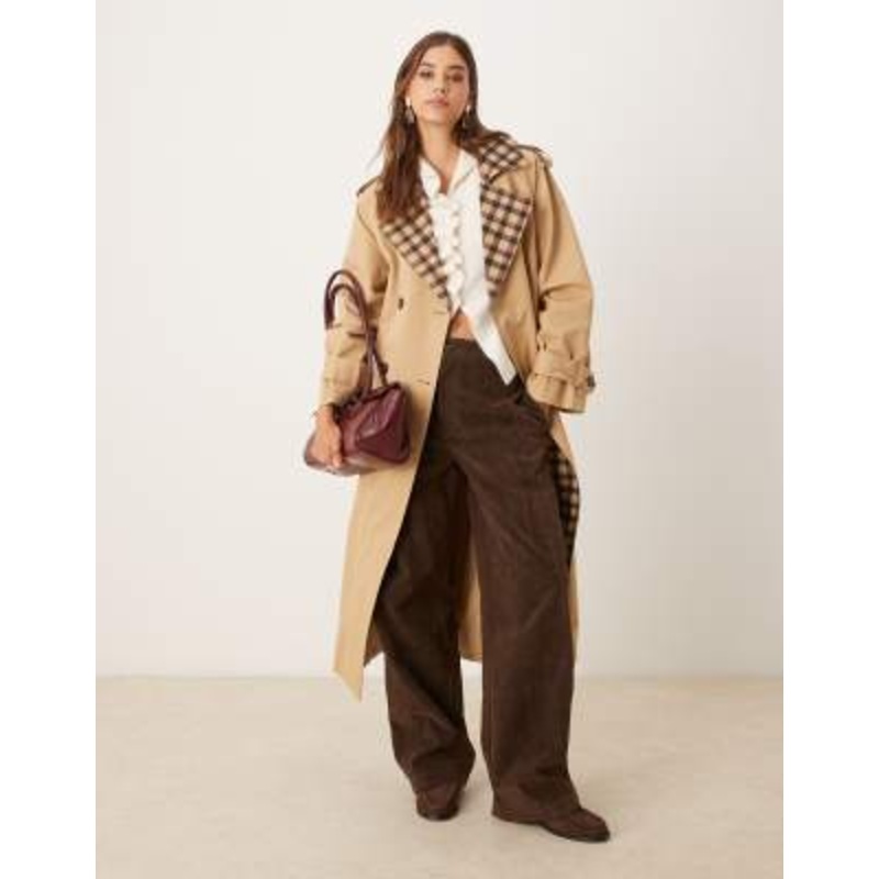 Nobody’s Child trench coat with contrast plaid collar in camel