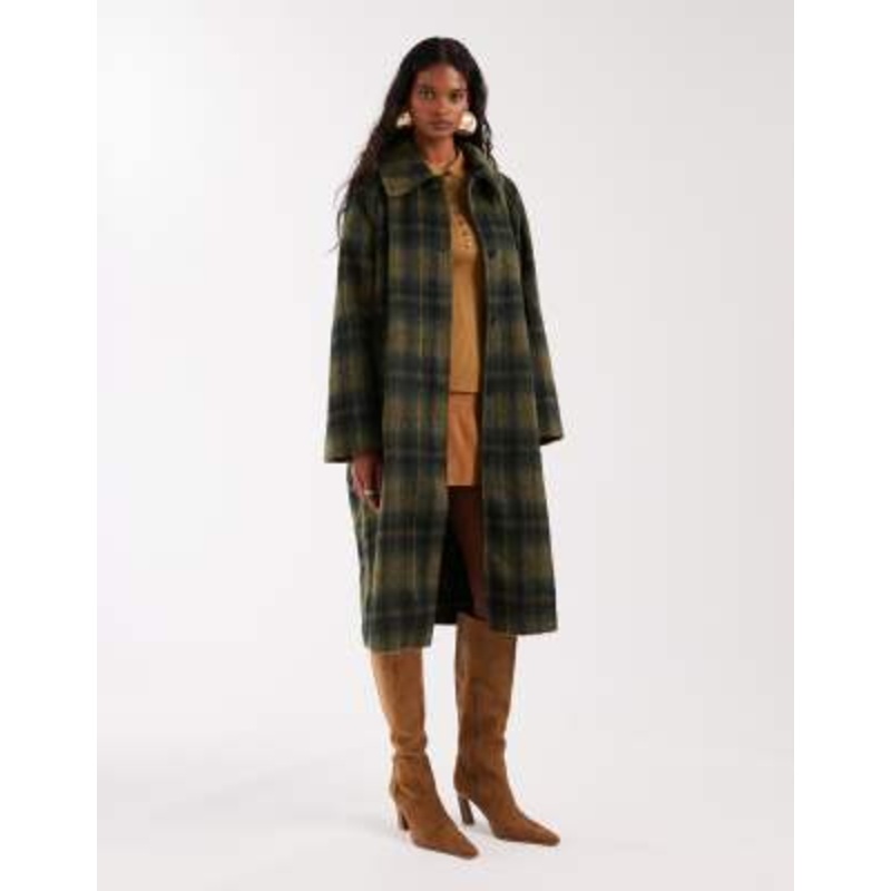 Noisy May brushed wool look maxi overcoat in dark green plaid