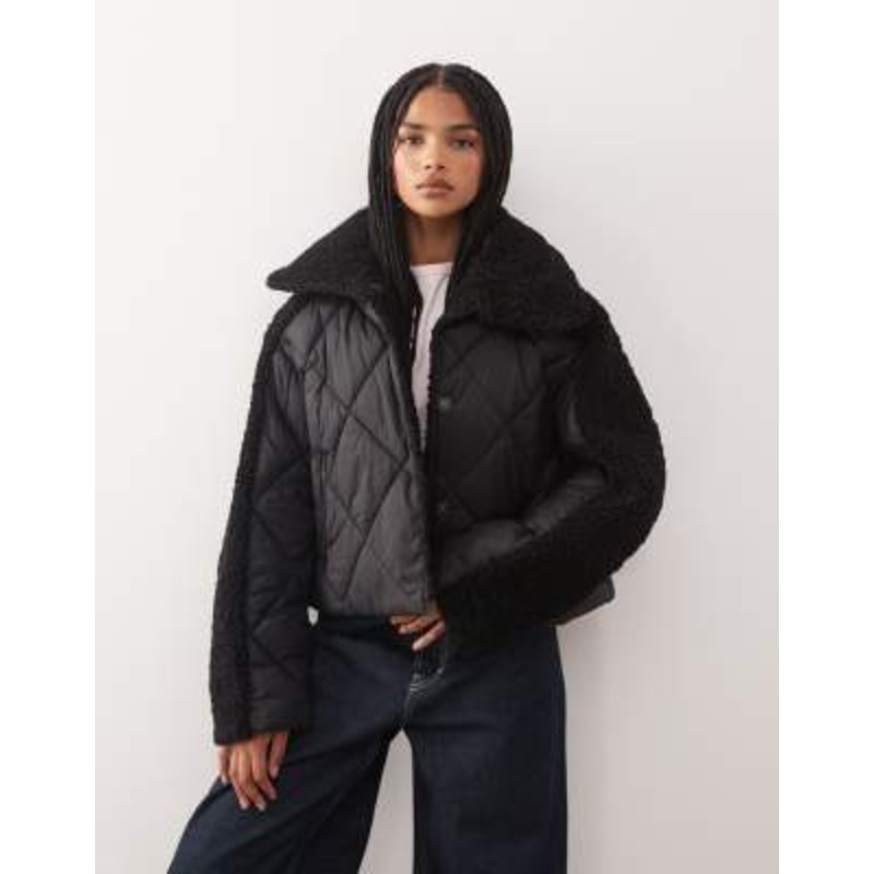 Noisy May collar detail quilted short coat with teddy insert in black