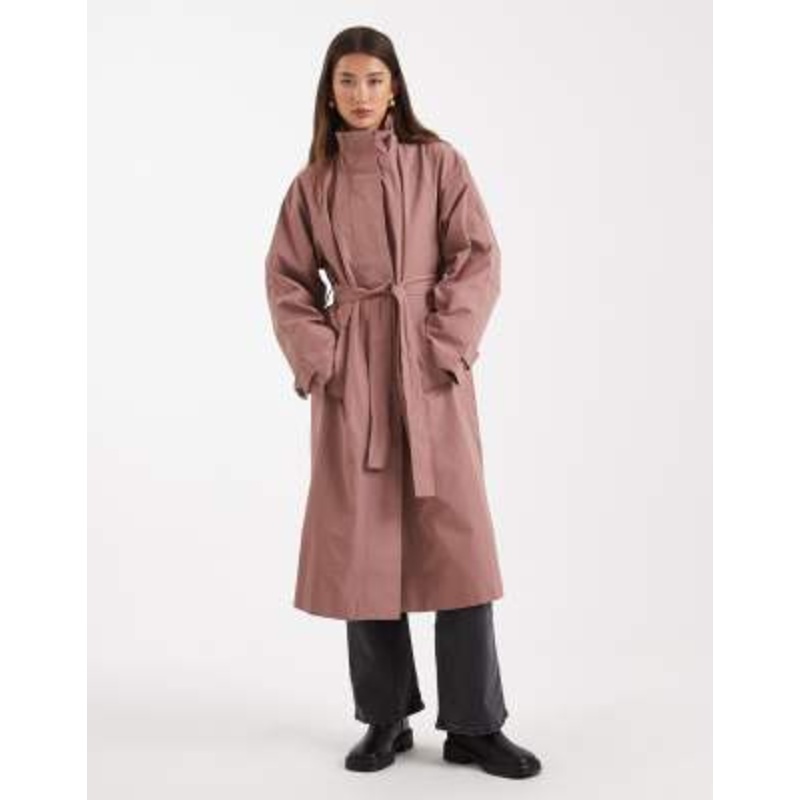 Object clean high neck tie waist trench coat in lilas pink