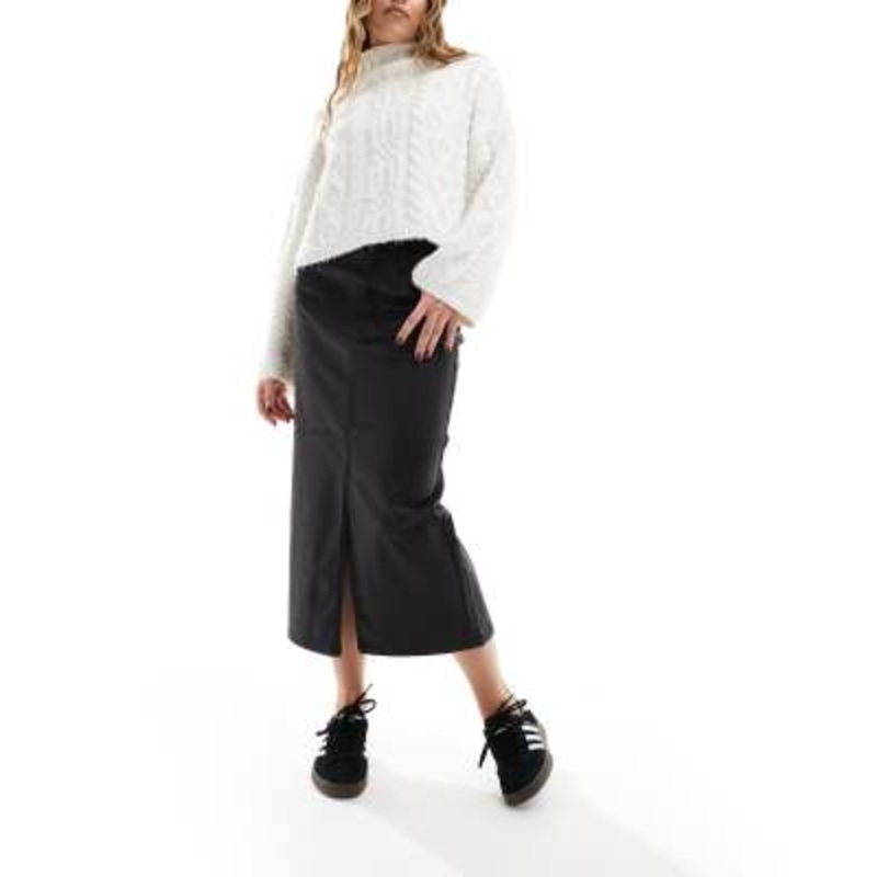 Object coated midi skirt with split front in black