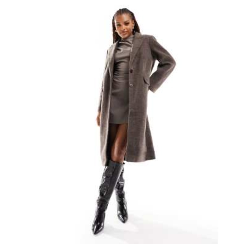 Object single breasted longline formal coat in brown melange
