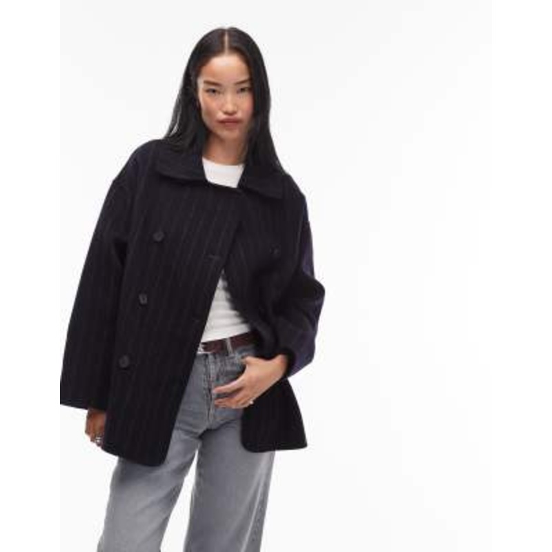 & Other Stories wool double breasted cropped coatin navy pin stripe