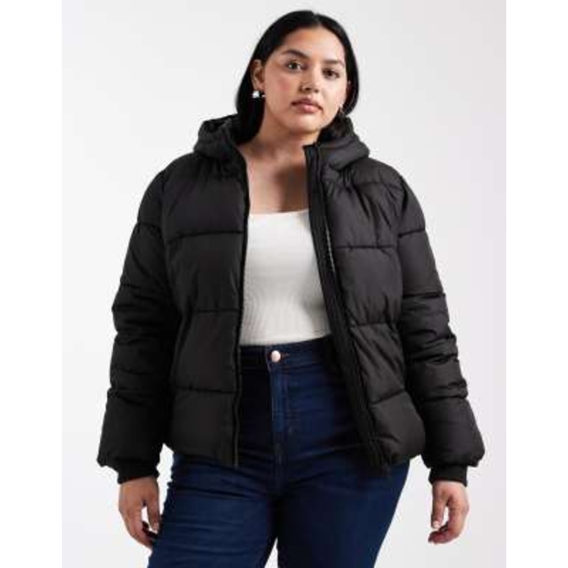 Pieces Curve padded coat with hood in black