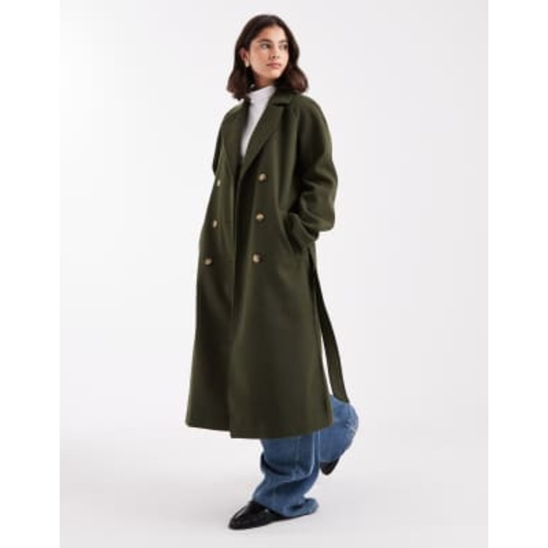 Pieces double breasted wool coat in dark khaki