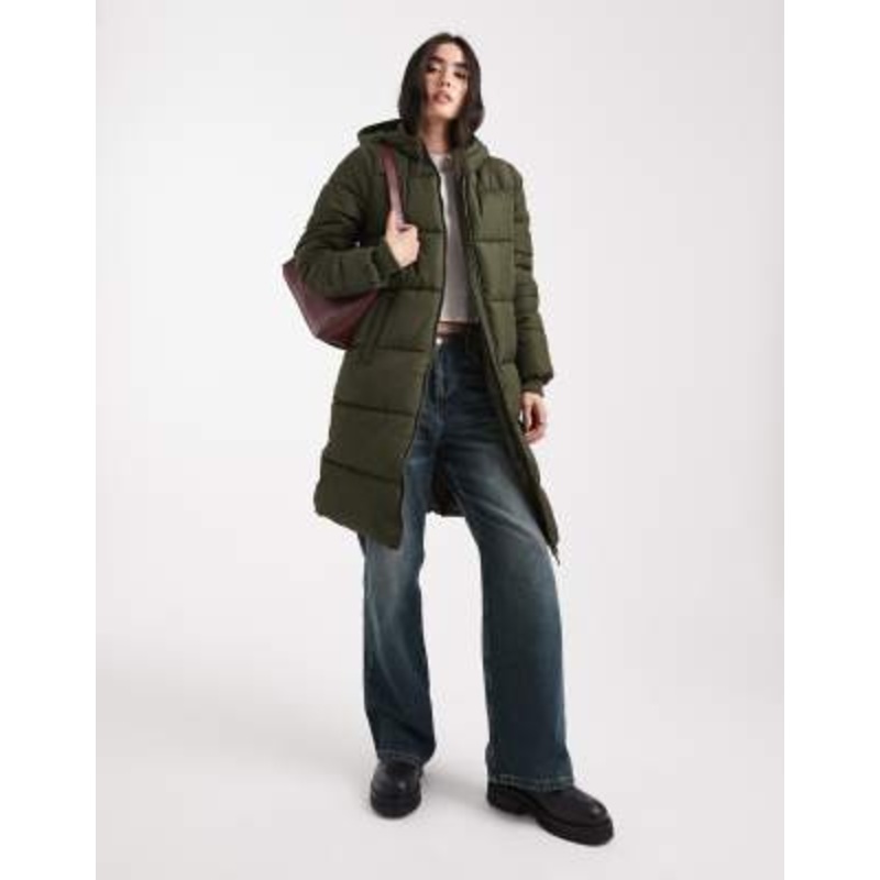 Pieces hooded longline padded coat in deep khaki