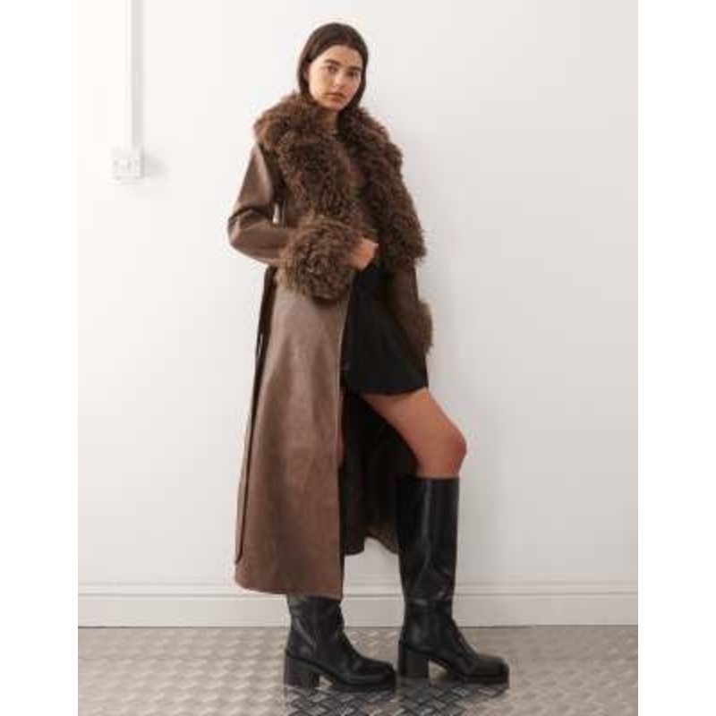 Reclaimed Vintage leather look trench coat with faux fur collar and cuffs in brown