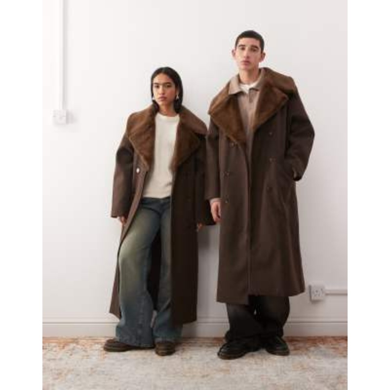 Reclaimed Vintage unisex wool look formal longline coat with faux fur collar in chocolate