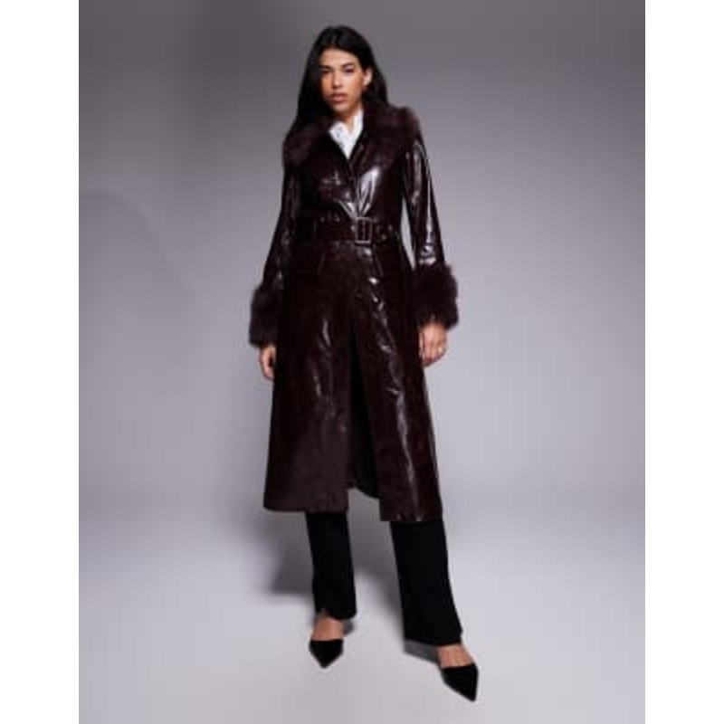 River Island faux fur trim faux leather trench coat in dark red