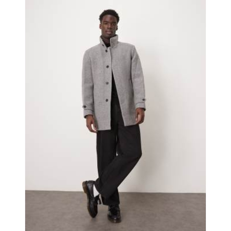 Selected Reuben overcoat with funnel neck in gray