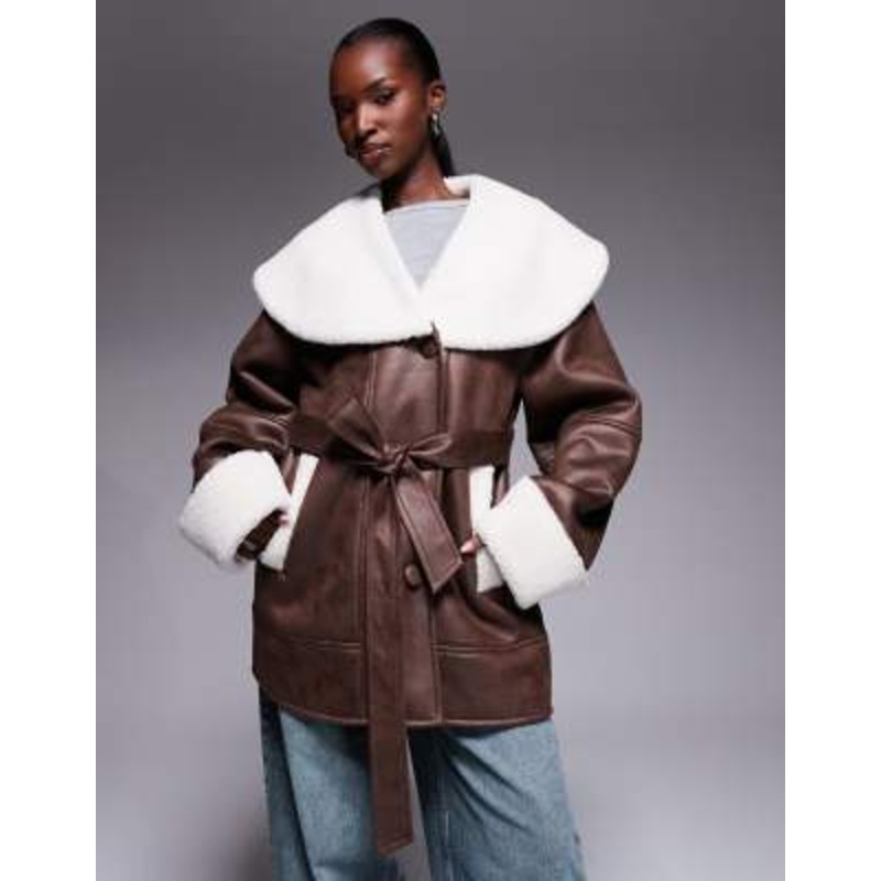 The Frolic exclusive faux shearling and cream borg contrast belted coat in brown
