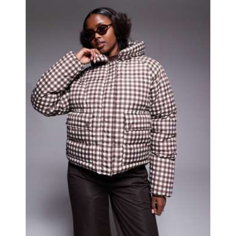 Threadbare Ski puffer coat with hood in brown gingham print