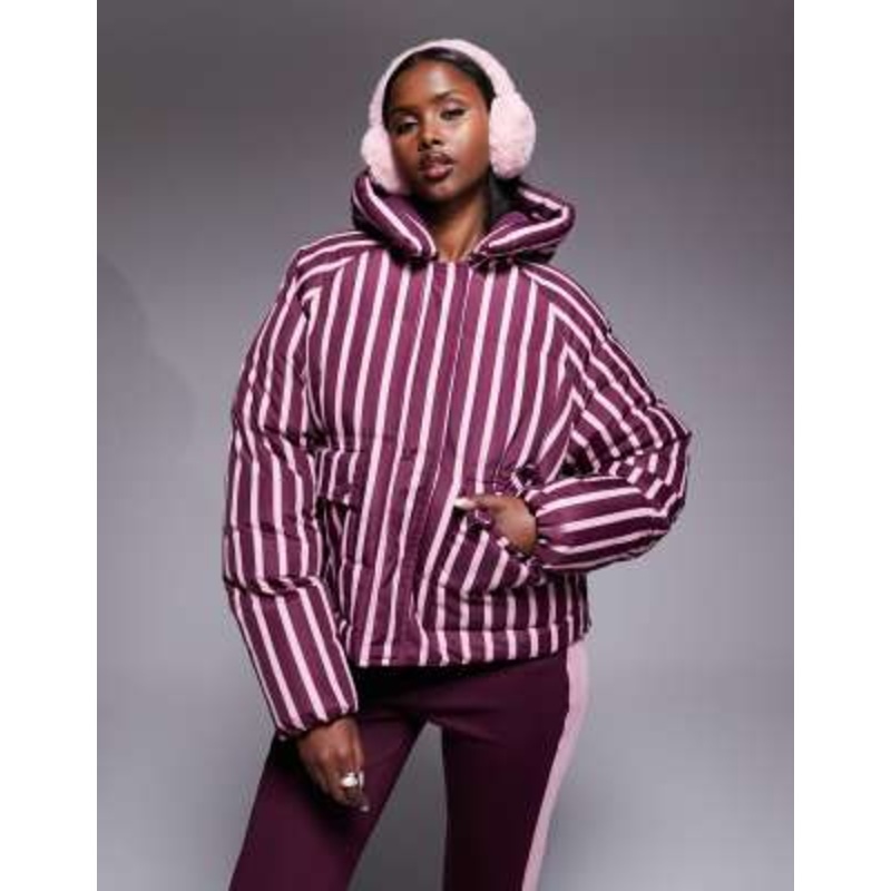 Threadbare Ski striped puffer coat with hood in burgundy and pink