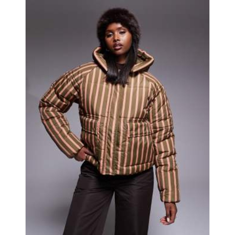 Threadbare Ski striped puffer coat with hood in green and pink